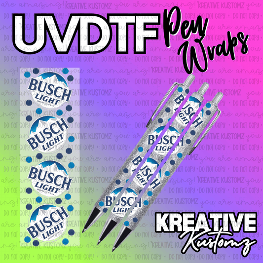 UV DTF adhesive pen wraps featuring a Busch Light beer logo pattern on a silver glitter background.