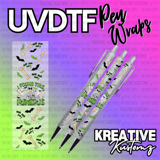 UV DTF adhesive pen wrap featuring a ghost and bone design with the text I found this humerus.