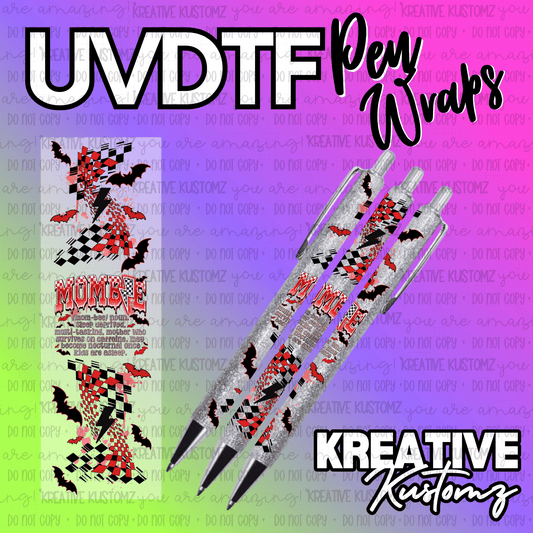 A UV DTF adhesive pen wrap featuring a red and black checkered pattern with bats and text.