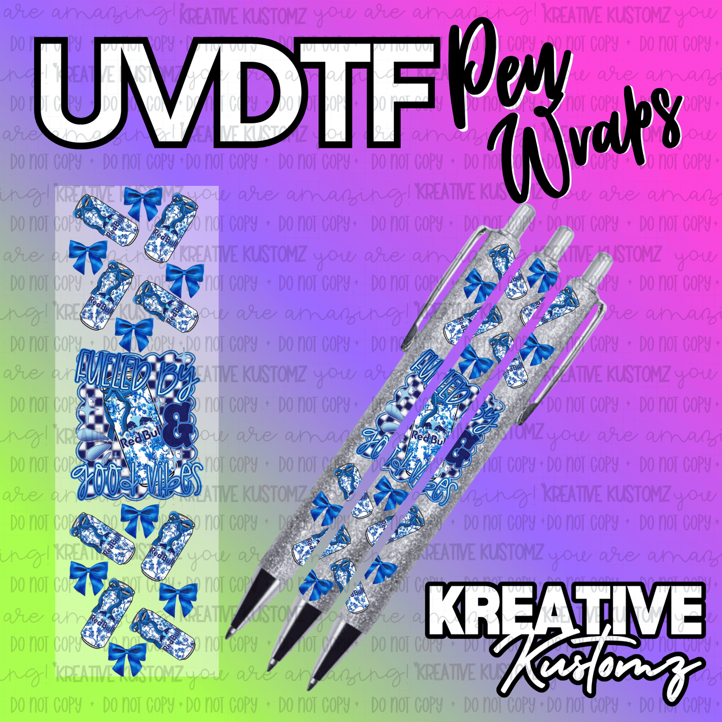 A blue and white Red Bull themed UV DTF adhesive pen wrap decal with a checkered pattern.