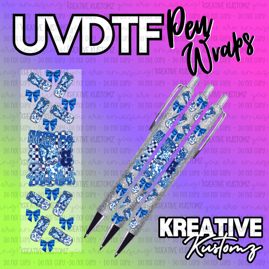 A blue and white Red Bull themed UV DTF adhesive pen wrap decal with a checkered pattern.
