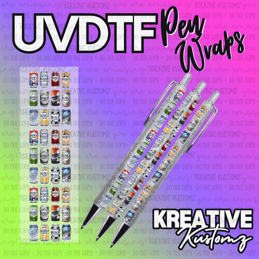 A sheet of UV DTF pen wraps featuring a pattern of various Busch beer cans.