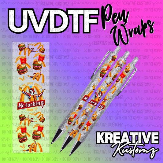 A fast food themed UV DTF adhesive pen wrap featuring a clown and burger pattern.