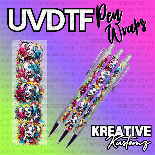A UV DTF adhesive pen wrap featuring a repeating Harley Quinn design on a colorful paint splatter.