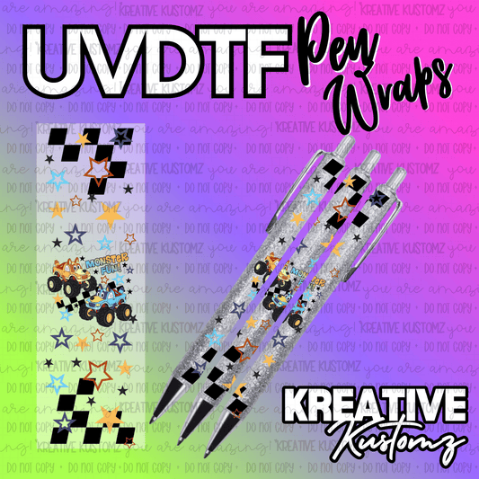 A UV DTF adhesive pen wrap featuring a monster truck and checkered flag design.