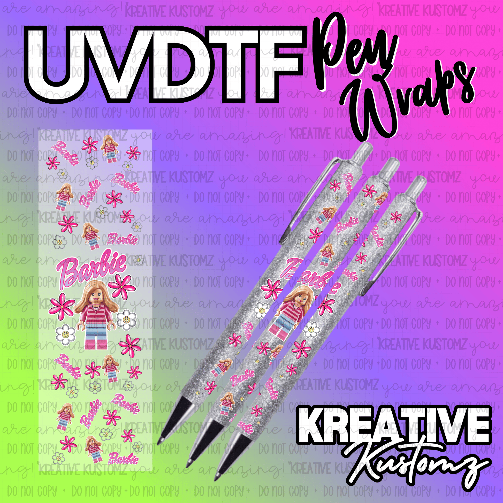 A Barbie themed UV DTF adhesive pen wrap featuring doll figures and flowers on a glittery pen.