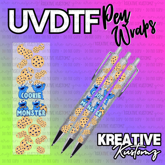 A Cookie Monster themed UV DTF adhesive pen wrap featuring blue monsters and chocolate chip cookies.
