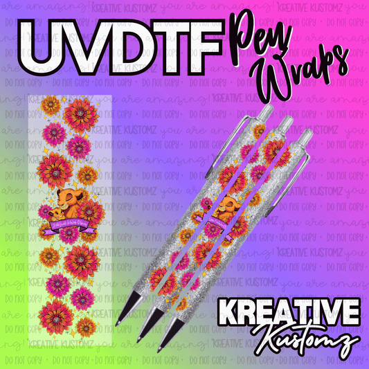 A floral and lion-themed UV DTF adhesive pen wrap decal shown on a glittery pen.