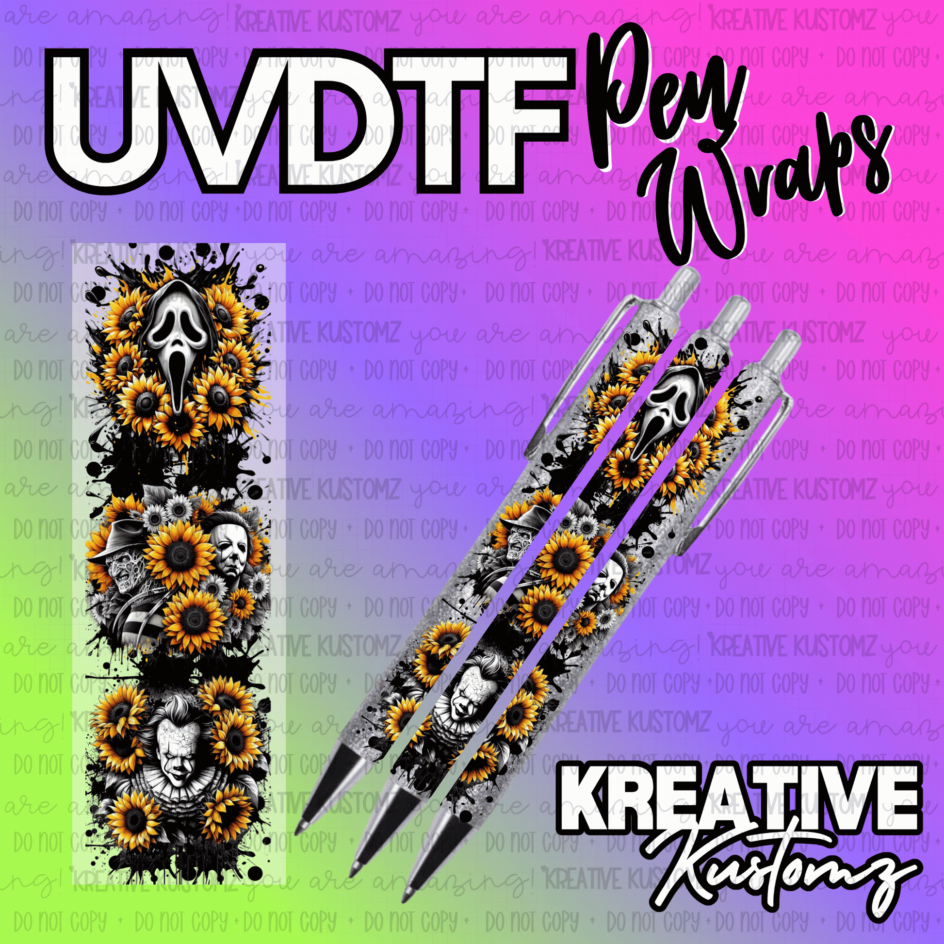 Three pens decorated with horror movie character and sunflower UV DTF adhesive wraps.