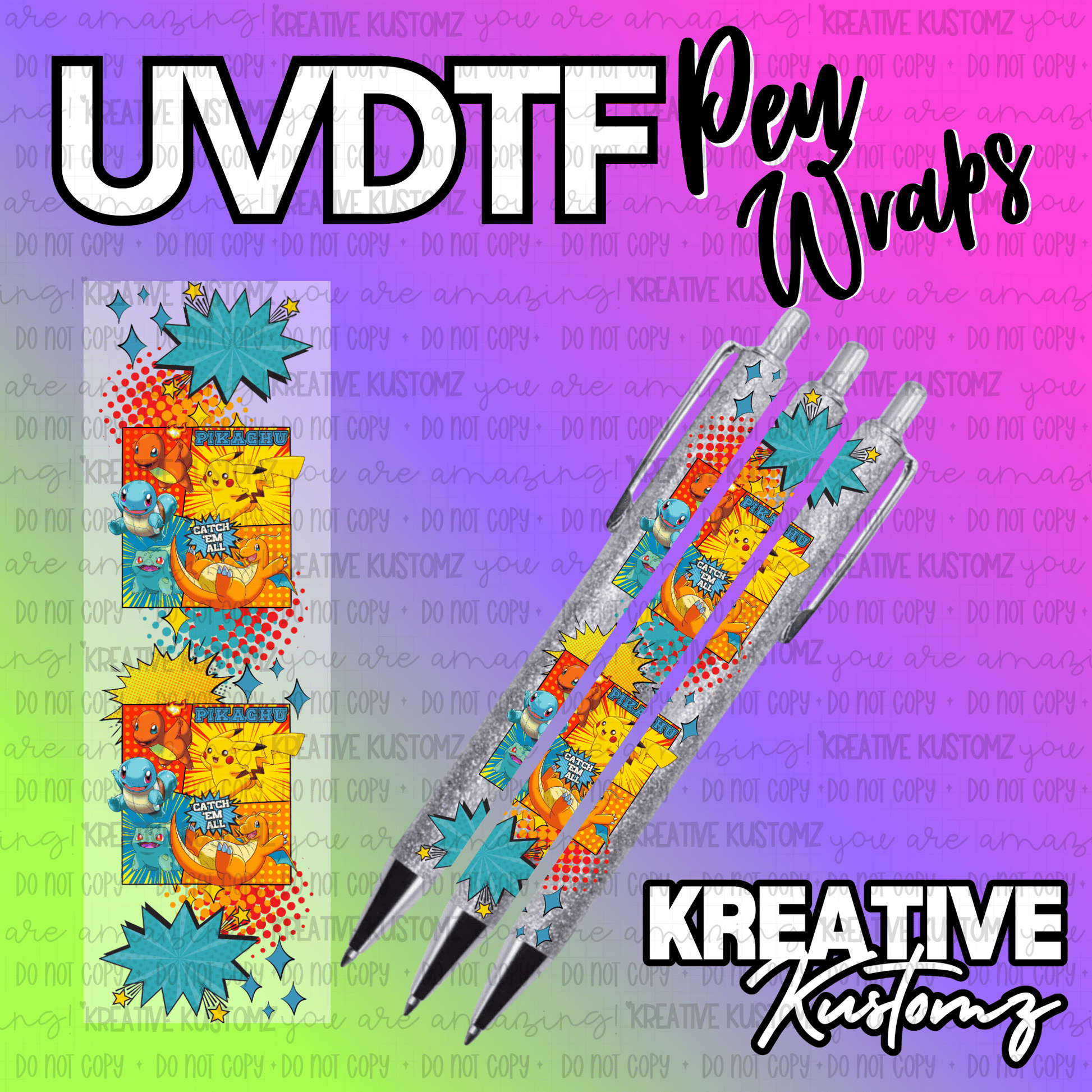 Pokemon themed UV DTF adhesive pen wraps featuring Pikachu and other characters on a comic background.