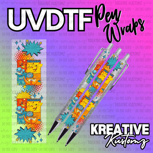 Pokemon themed UV DTF adhesive pen wraps featuring Pikachu and other characters on a comic background.