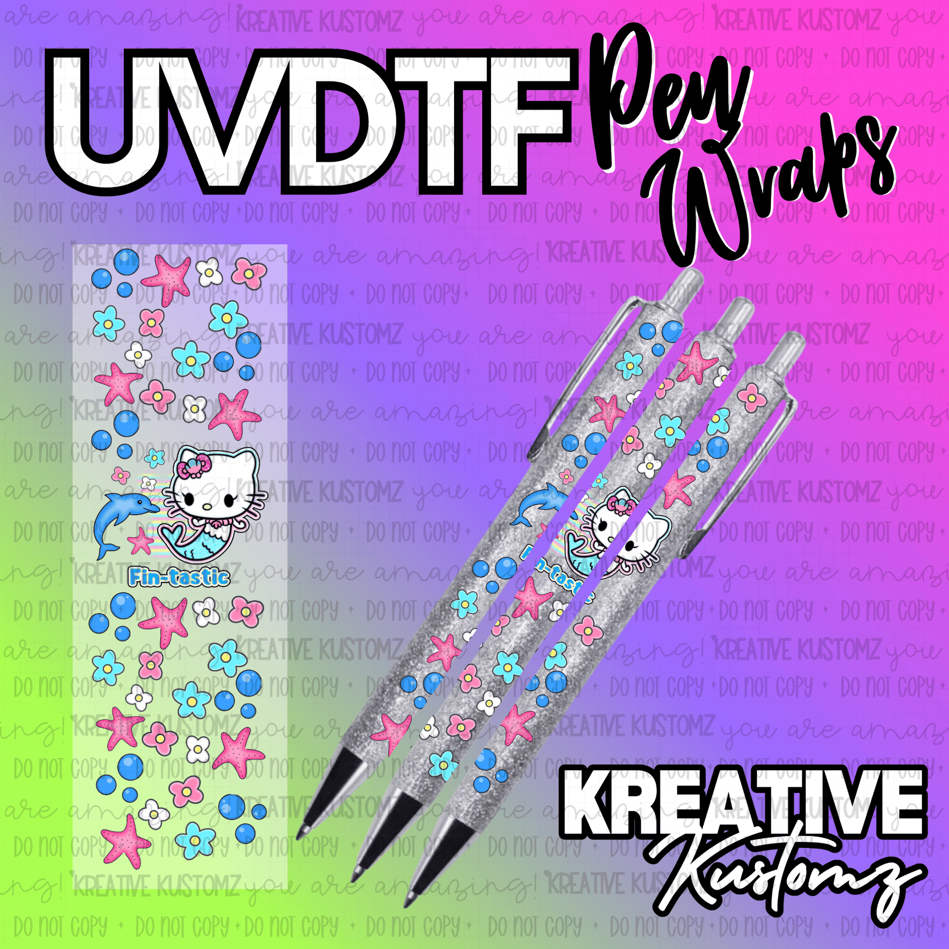 A mermaid Hello Kitty themed UV DTF adhesive pen wrap with starfish and flower designs.