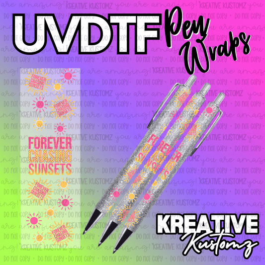 Three glittery pens decorated with Forever Chasing Sunsets sun decals on a colorful background.