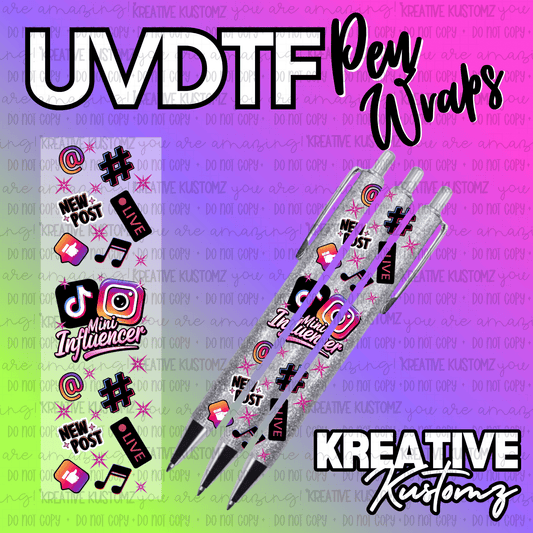 A sheet of social media themed UV DTF pen wraps featuring icons like hashtags and logos.