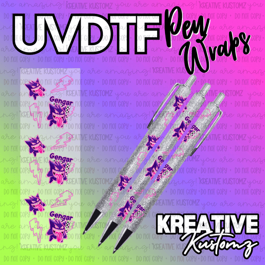 A sheet of Gengar themed UV DTF adhesive pen wraps displayed next to three decorated pens.