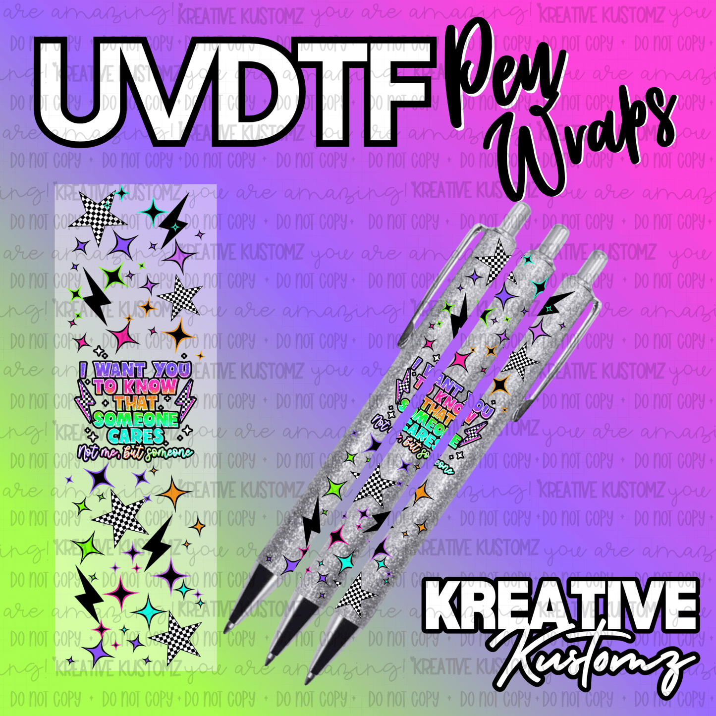 A UV DTF adhesive pen wrap featuring a checkered star and lightning bolt design.