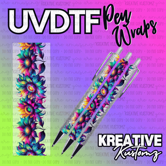 A colorful floral UV DTF adhesive pen wrap decal featuring vibrant sunflowers.