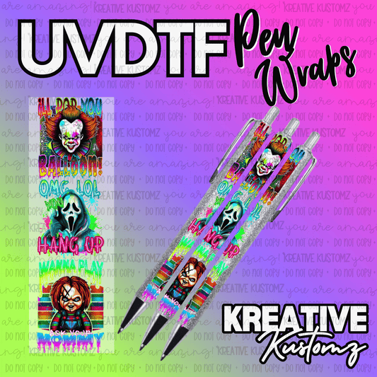 Three glittery pens decorated with horror movie character decals featuring Pennywise, Ghostface, and Chucky.