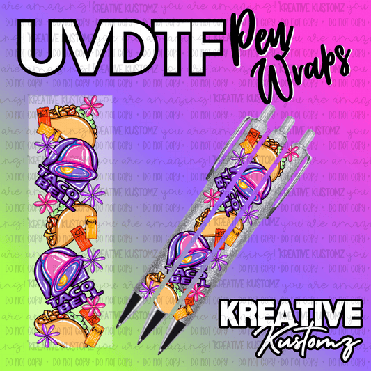 A Taco Bell themed UV DTF adhesive pen wrap featuring tacos, sauce packets, and purple bells.