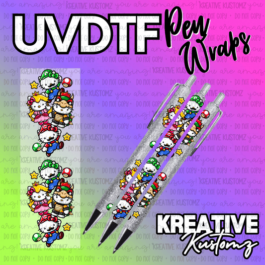 A UV DTF adhesive pen wrap featuring Hello Kitty characters dressed as Mario, Luigi, and Bowser.
