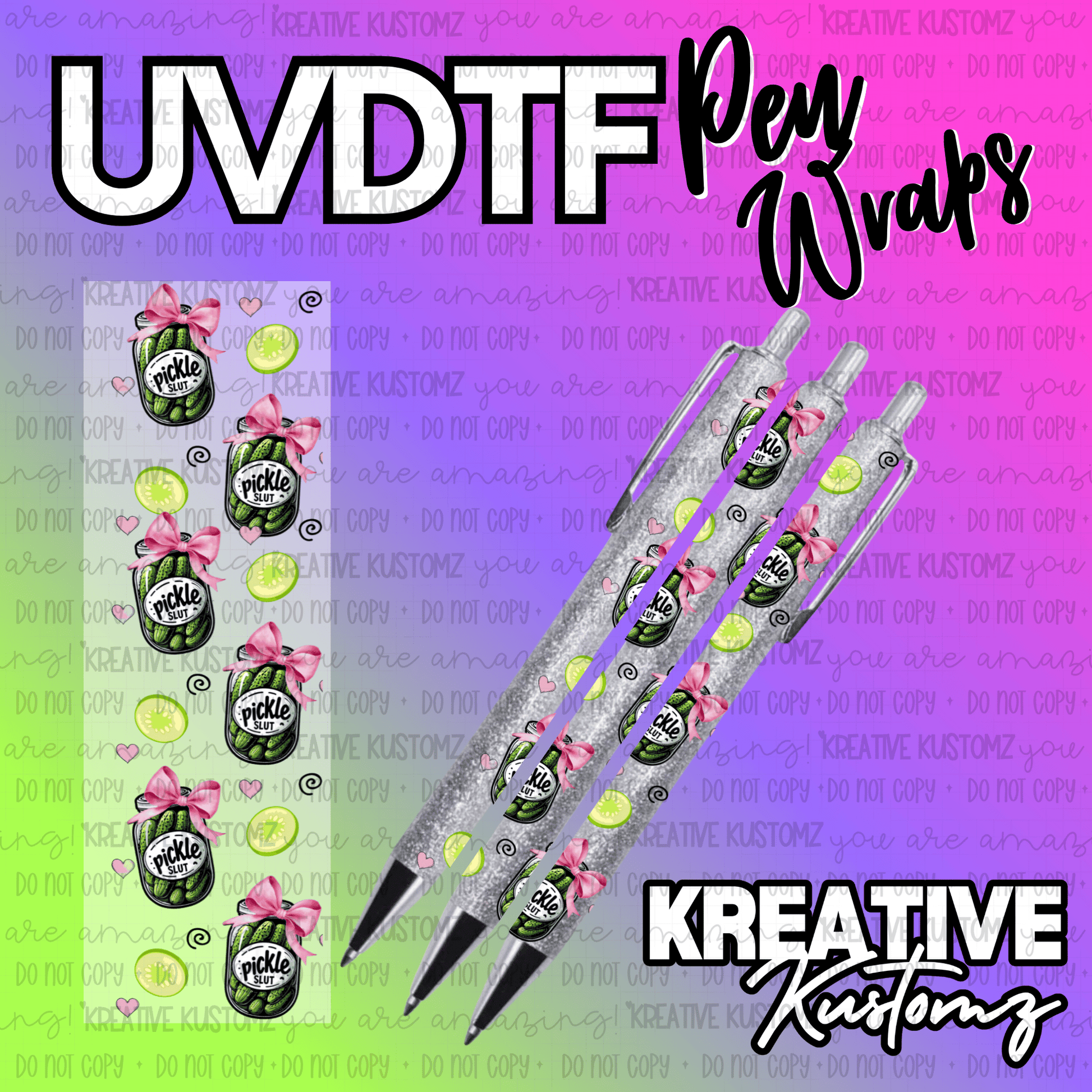 A UV DTF adhesive pen wrap featuring a pattern of pickle jars with pink bows on a glitter background.