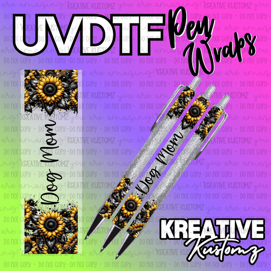 A sunflower themed UV DTF adhesive pen wrap decal with the text Dog Mom.