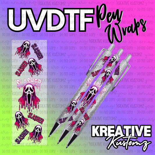 A set of UV DTF adhesive pen wraps featuring a pink and purple ghost face slasher design.