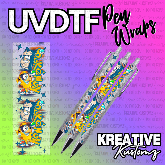 A Bluey and Pokemon themed UV DTF adhesive pen wrap shown on glitter pens.