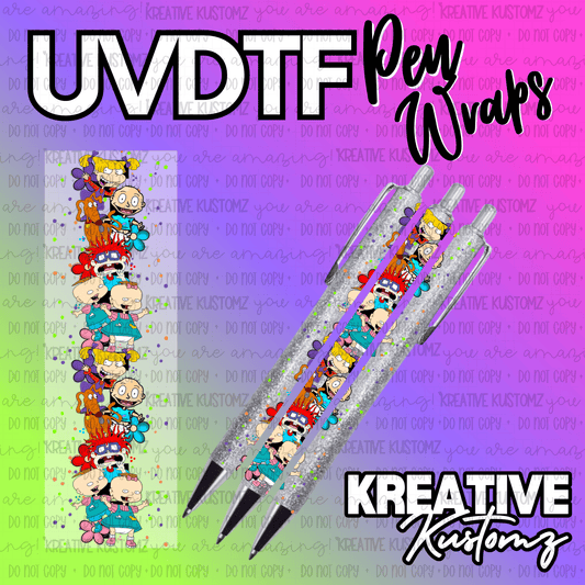 Rugrats themed UV DTF adhesive pen wraps featuring cartoon characters on a glitter background.