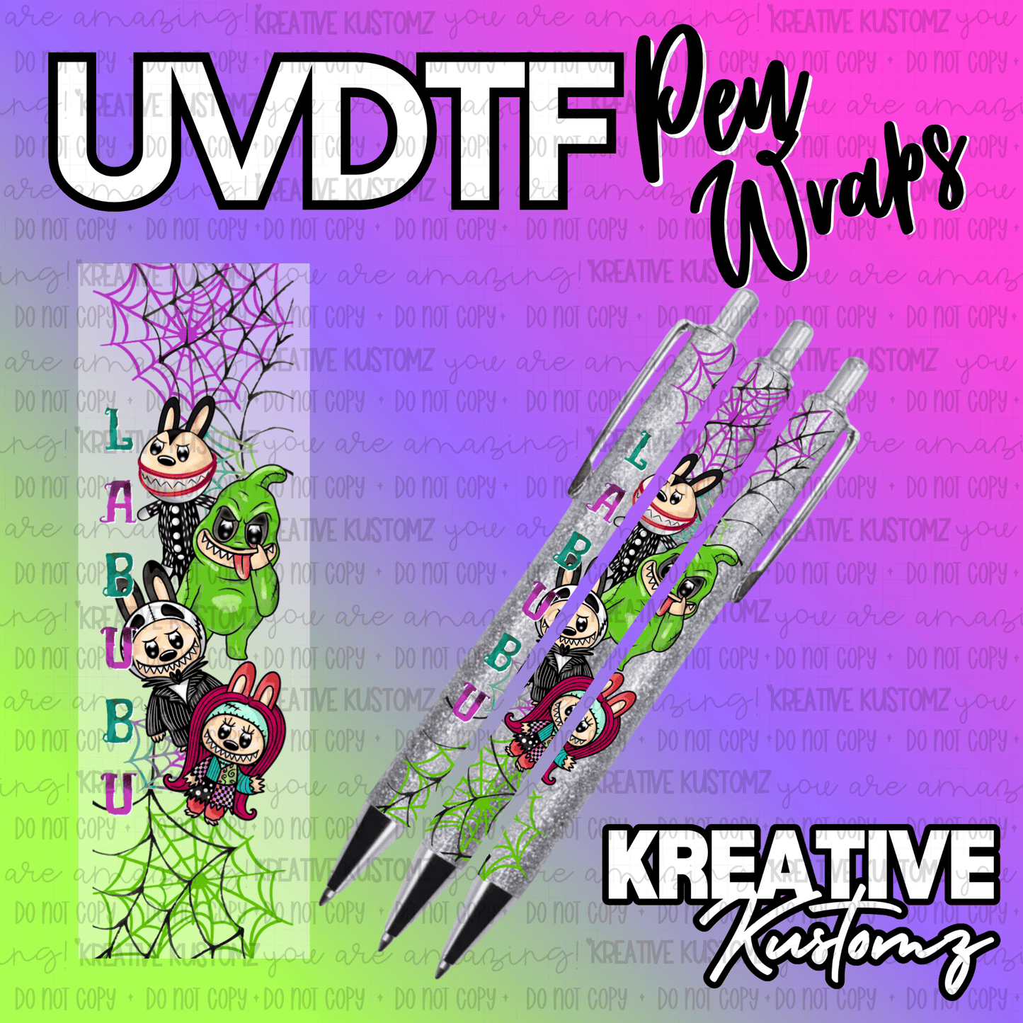 UV DTF adhesive pen wrap featuring Labubu characters and spiderweb designs on a glitter background.