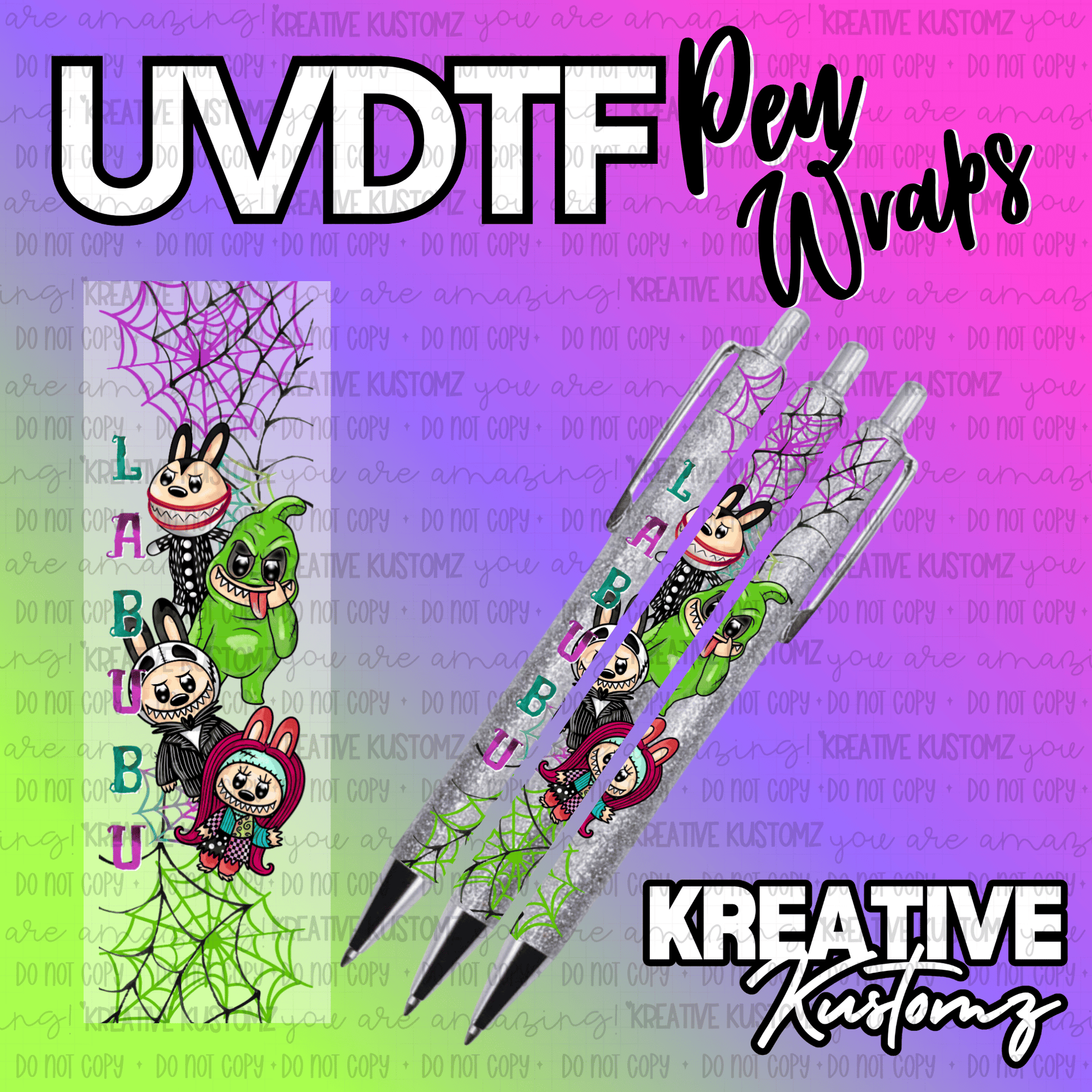 UV DTF adhesive pen wrap featuring Labubu characters and spiderweb designs on a glitter background.