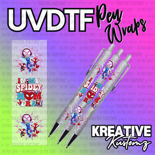 A Spidey-themed UV DTF adhesive pen wrap featuring cartoon characters and text.