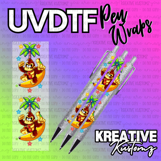 A UV DTF adhesive pen wrap featuring a cartoon monkey sitting on a banana under a palm tree.