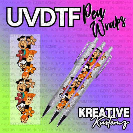 A UV DTF adhesive pen wrap featuring a repeating pattern of Flintstones characters and flowers.