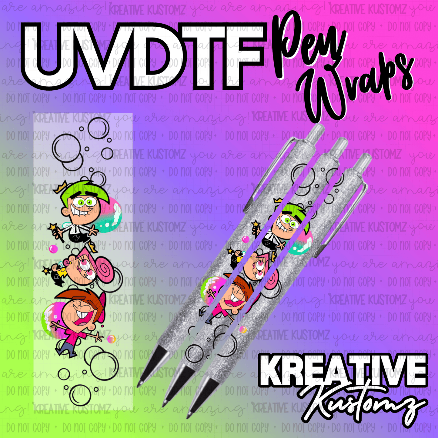 A Fairly OddParents themed UV DTF adhesive pen wrap featuring cartoon characters and bubbles.