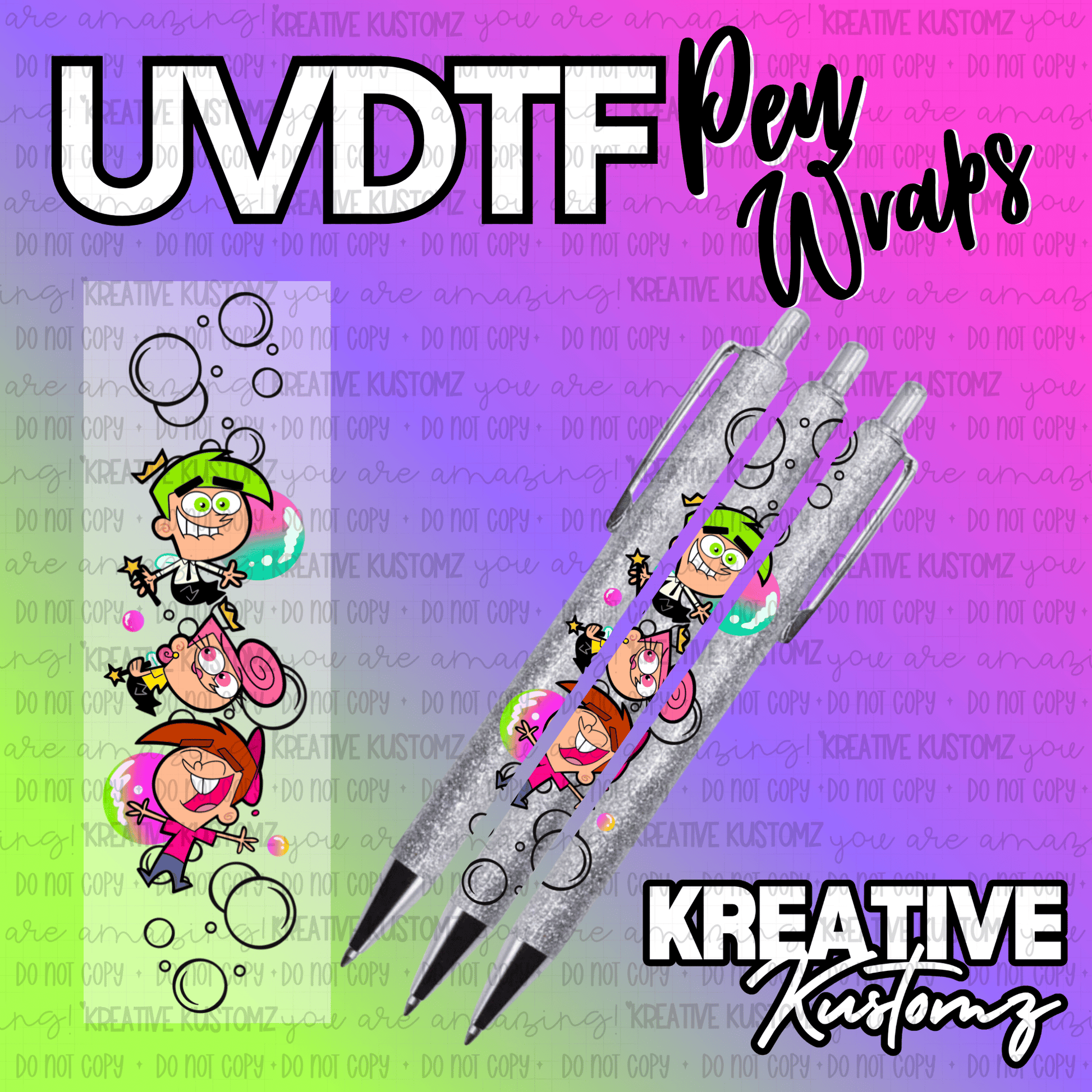 A Fairly OddParents themed UV DTF adhesive pen wrap featuring cartoon characters and bubbles.