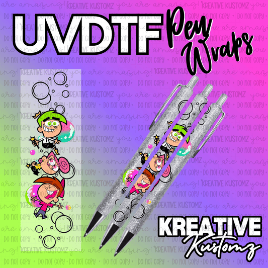 A Fairly OddParents themed UV DTF adhesive pen wrap featuring cartoon characters and bubbles.