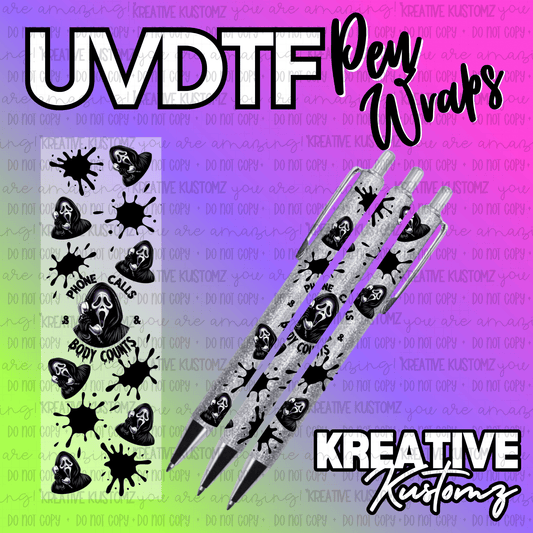 A UV DTF adhesive pen wrap featuring a Ghostface horror theme with black ink splatters.