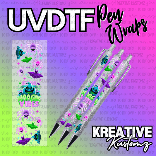 A UV DTF adhesive pen wrap featuring Oogie Boogie, bats, and spiders on a glittery background.