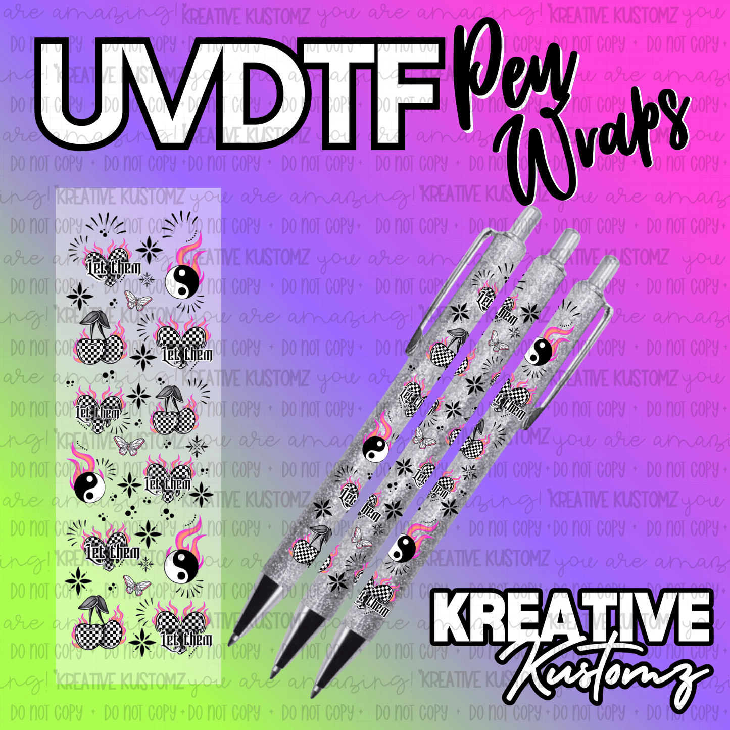 A UV DTF adhesive pen wrap featuring a checkered cherry and yin-yang pattern on glitter pens.