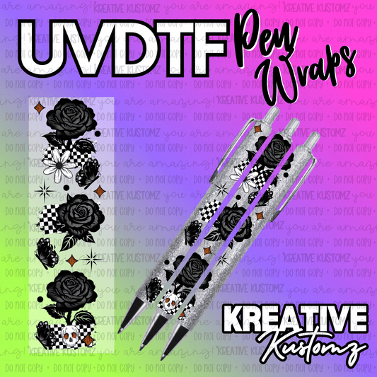 A black and white floral and skull patterned adhesive pen wrap shown on three glittery pens.