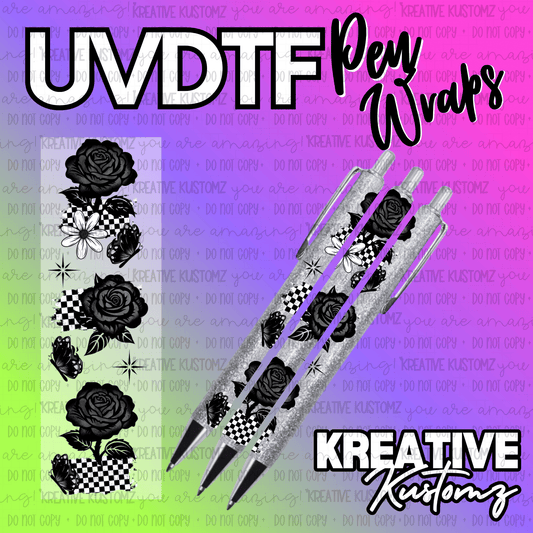 A black and white floral and checkered pattern UV DTF adhesive wrap for pens.