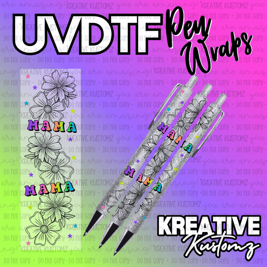 A floral UV DTF adhesive pen wrap featuring the word MAMA in colorful letters.