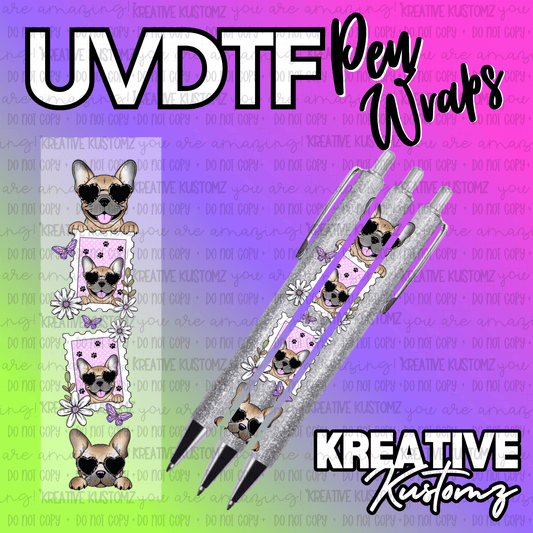 A UV DTF pen wrap featuring a French bulldog wearing heart-shaped sunglasses and floral accents.