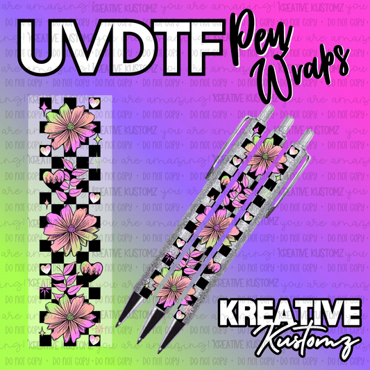 A floral and checkered pattern UV DTF adhesive pen wrap on a gradient background.