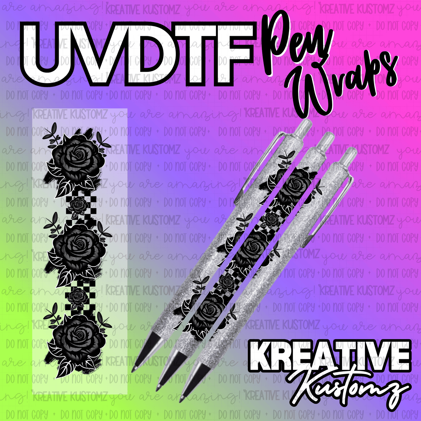A black and white floral and checkered pattern UV DTF adhesive pen wrap.