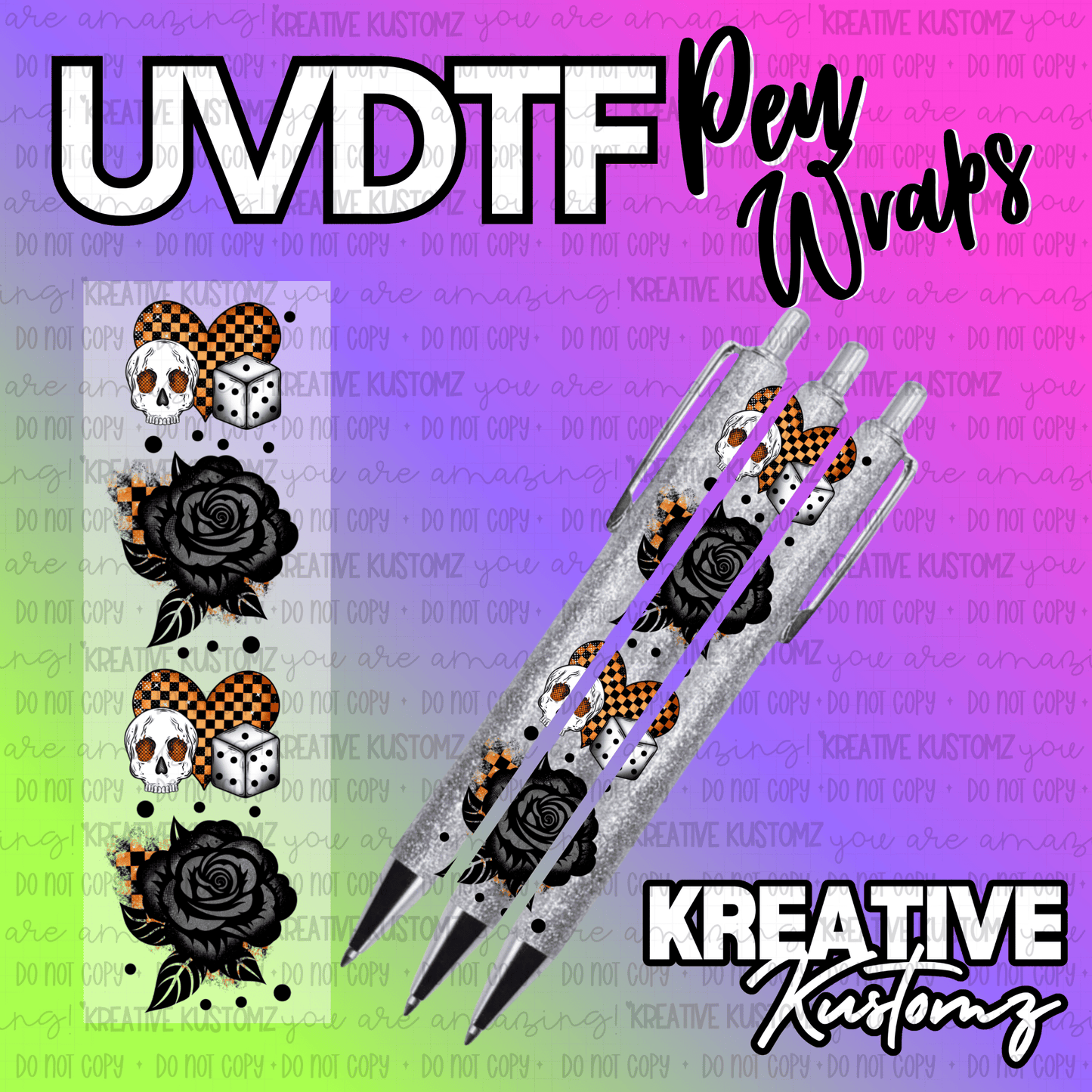 A UV DTF pen wrap featuring a pattern of skulls, dice, and black roses on a checkered heart.