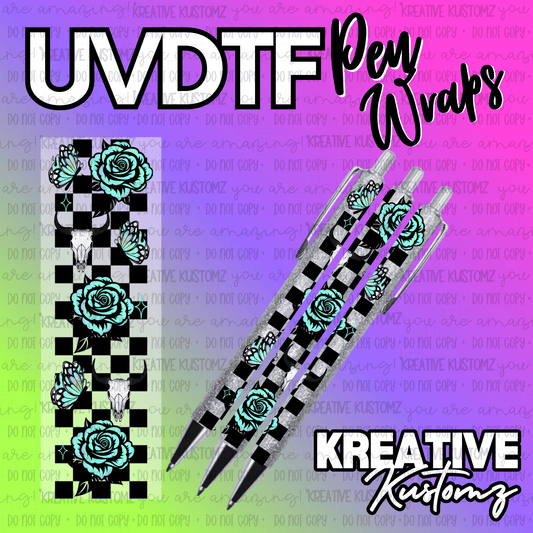 A UV DTF pen wrap featuring a black and white checkerboard pattern with teal roses and butterflies.