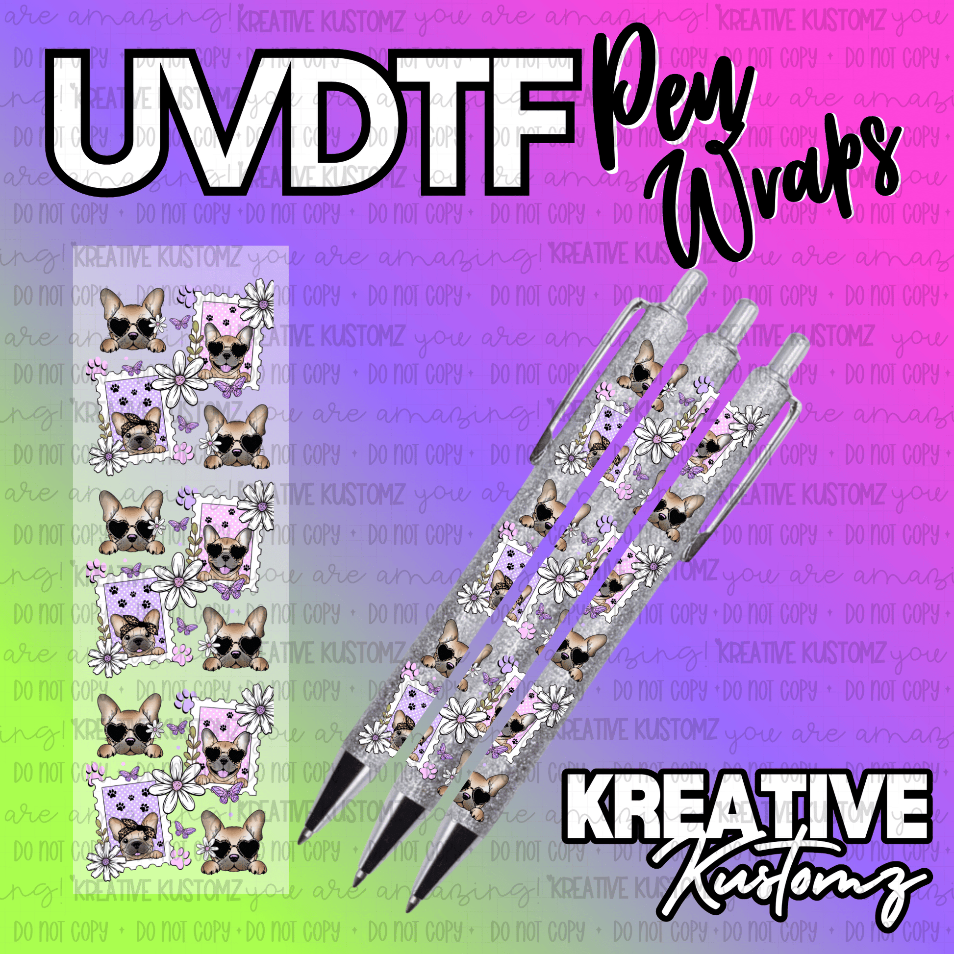 A UV DTF adhesive pen wrap featuring a pattern of French bulldogs and flowers on a glittery pen.