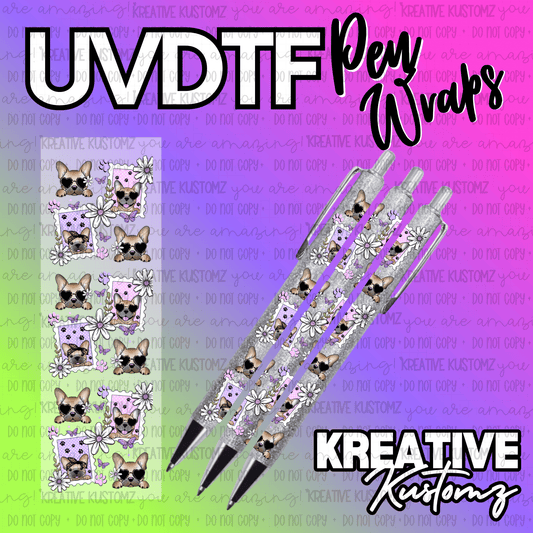 A UV DTF adhesive pen wrap featuring a pattern of French bulldogs and flowers on a glittery pen.